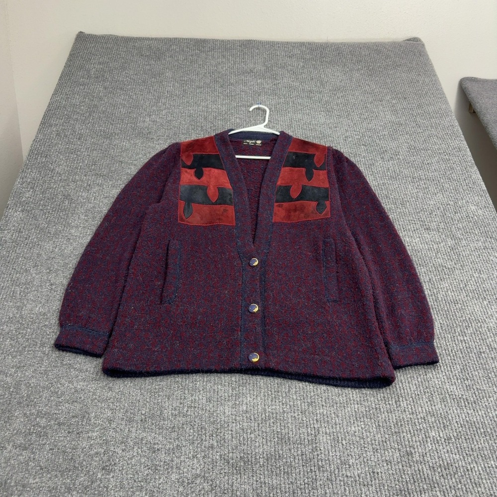 Vintage Narydu Cardigan Womens L Purple Wool Suede Patch V Neck Boho Retro